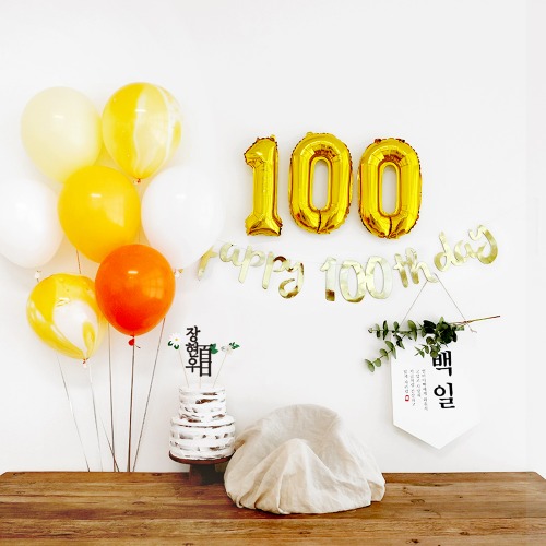 백일상 WL100세트 (골드)/ 아기 100일 숫자 파티풍선 배경 셀프 백일 벽 장식